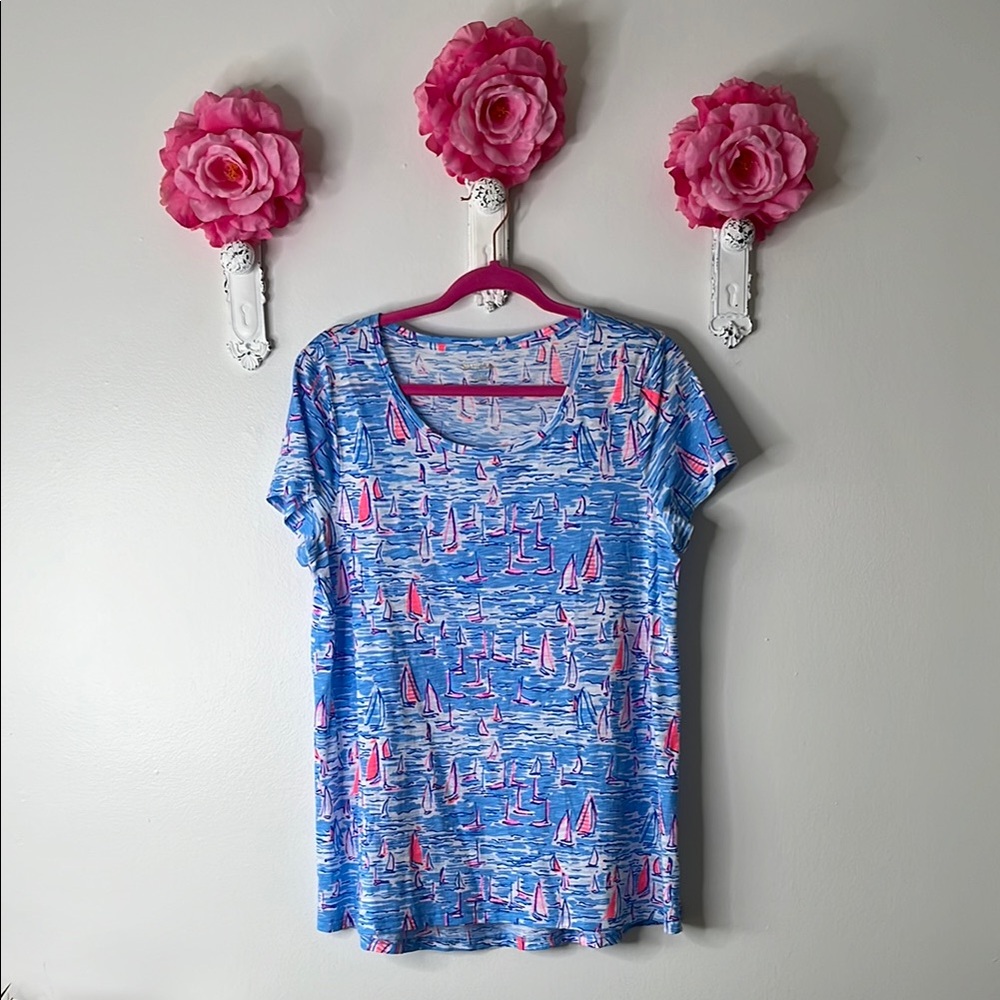 Lilly Pulitzer Etta Scoop Neck in Zanzibar Blue Boatylicious, Large.